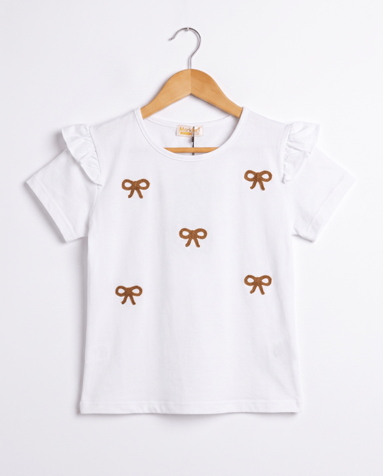 3077 Fiyonk Nakışlı Kız Çocuk T-Shirt KAHVE