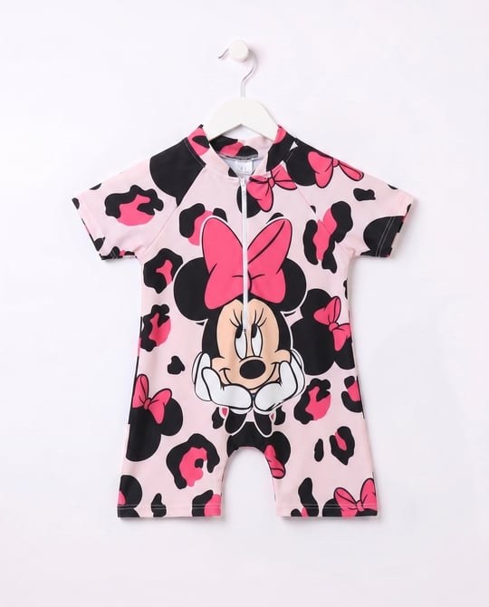 3104-9 Minnie Mouse Baskılı Fermuarlı Tulum Mayo BEYAZ