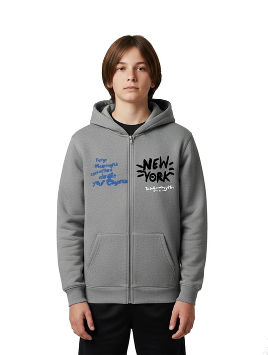 3264309 New York Baskılı Üç İplik Şardonlu Fermuarlı Sweat GRİ