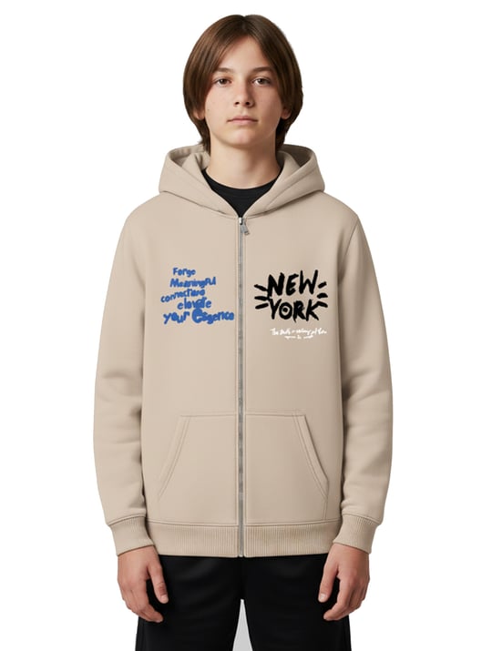 3264309 New York Baskılı Üç İplik Şardonlu Fermuarlı Sweat BEJ
