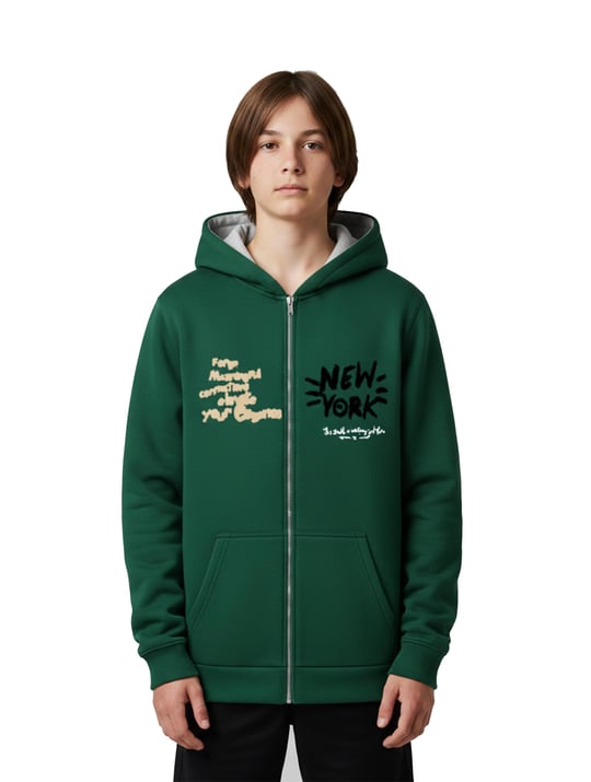 3264309 New York Baskılı Üç İplik Şardonlu Fermuarlı Sweat YEŞİL