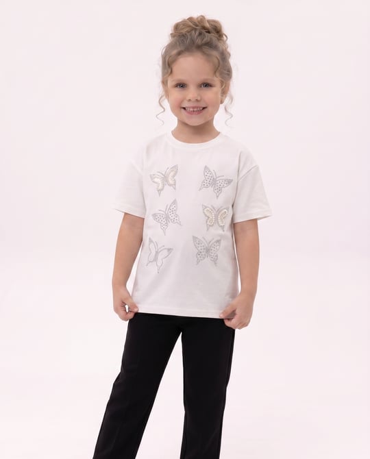 3907 Kelebek İnci Taşlı Oyshı Kız Çocuk T-Shirt (9-12 Yaş) BEYAZ