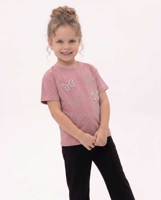 3907 Kelebek İnci Taşlı Oyshı Kız Çocuk T-Shirt (9-12 Yaş) GÜLK