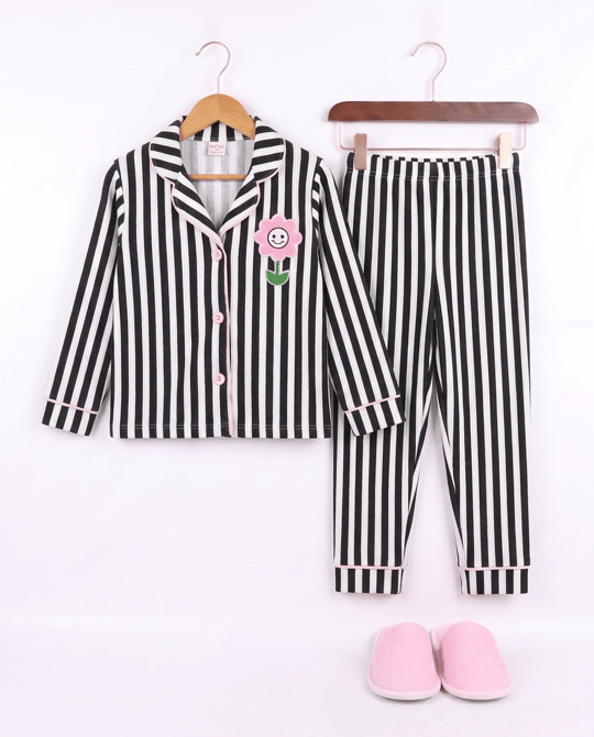 5080 Çiçek Süzineli Terlikli Düğmeli Üçlü  Pijama Takımı PEMBE