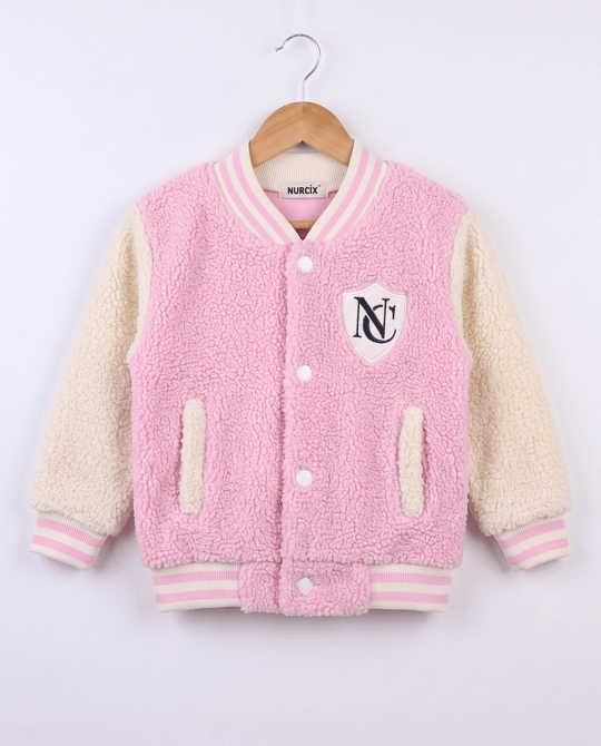 5194-1 Peluş Kumaş N Nakışlı Kolej Ceket PEMBE