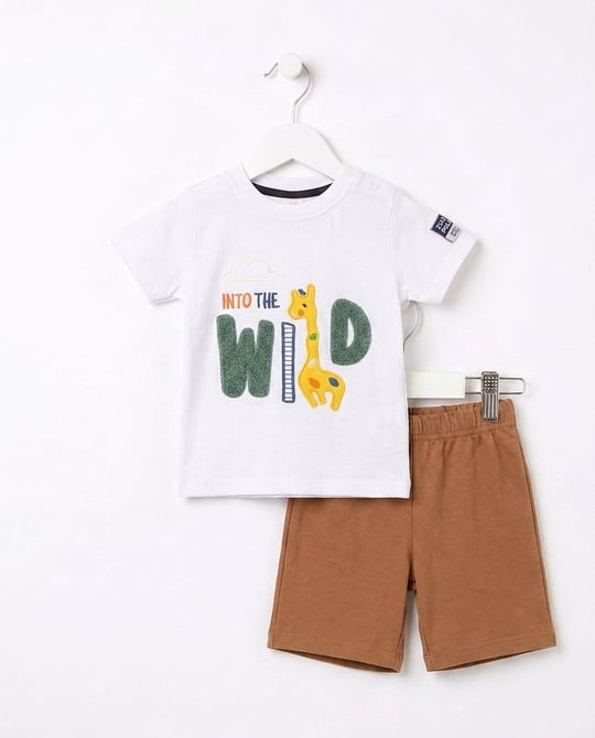 5328 Into The Wild Süzine Nakışlı İkili Erkek Bebek Takım BEYAZ