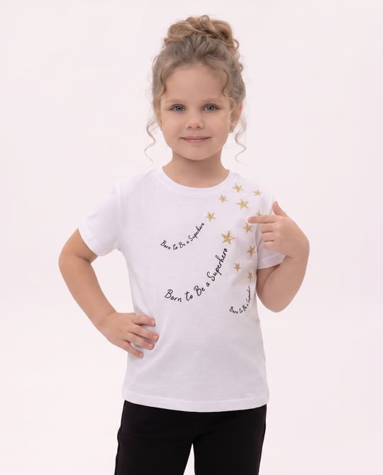 6264392 Yıldız Nakışlı Kız Çocuk T-Shirt BEYAZ