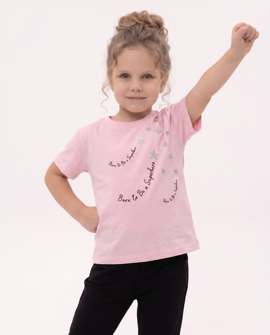 6264392 Yıldız Nakışlı Kız Çocuk T-Shirt PEMBE