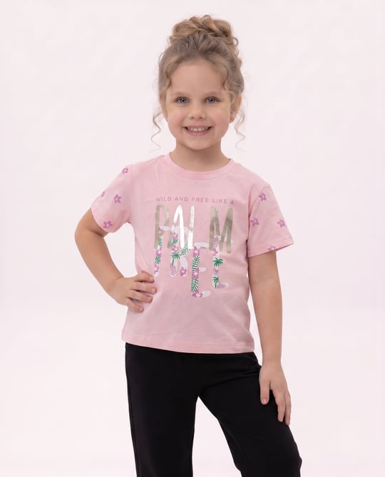 6264559 Palmiye Baskılı Kız Çocuk T-Shirt PEMBE