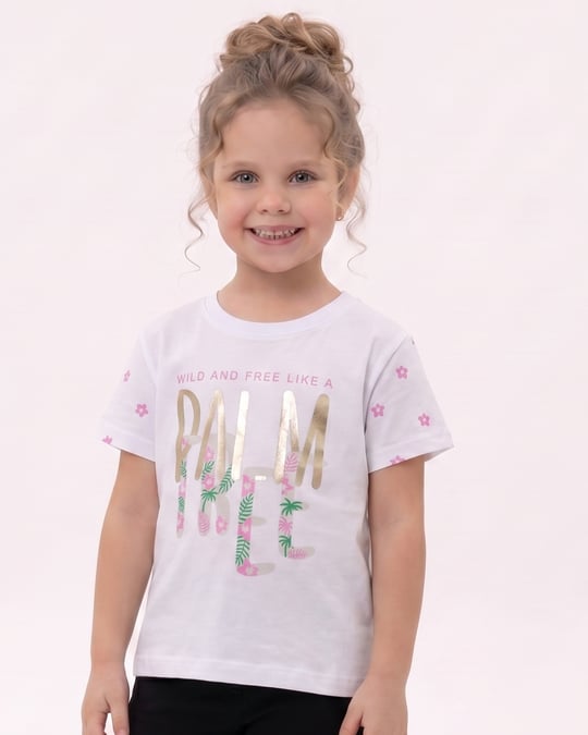6264559 Palmiye Baskılı Kız Çocuk T-Shirt BEYAZ