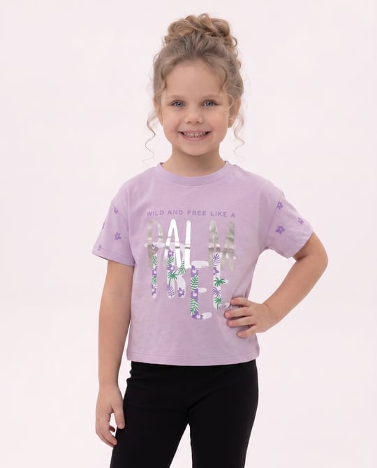 6264559 Palmiye Baskılı Kız Çocuk T-Shirt LİLA