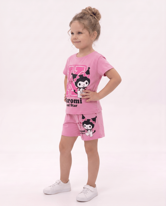 6573 Kuromi Baskılı İkili Şortlu Kız Takım PEMBE