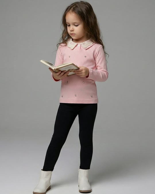 7724 Gömlek Yaka Dantelli Kız Body (5-8 Yaş) PEMBE
