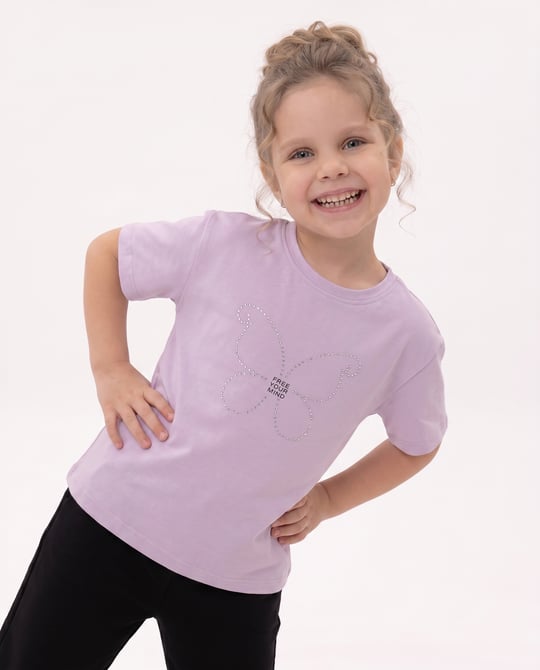 8264468 Kelebek Taşlı Kız Çocuk T-Shirt LİLA