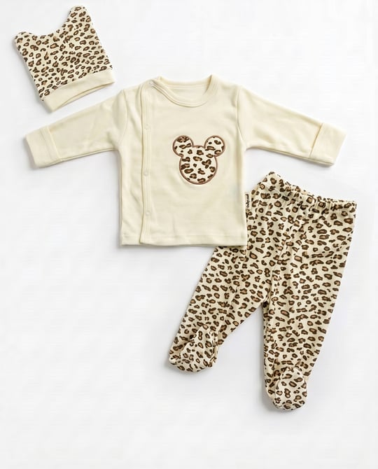 9423 Leopar Kulaklı Minie Mousse -Baskılı Üçlü Kız Bebek Takım KREM