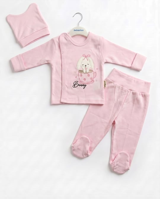 9443 Fiyonklu Tavşan Desenli Üçlü Bebek Takım PEMBE