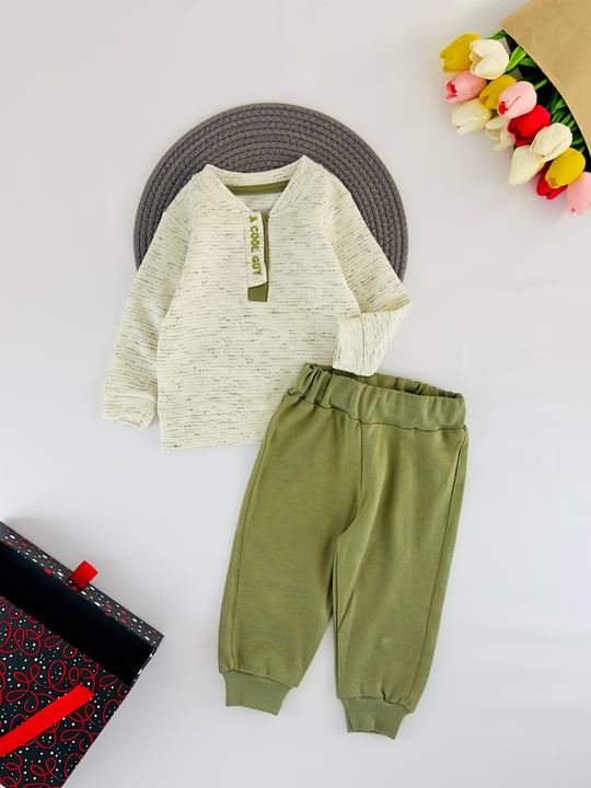 2459-1 Cool Yazılı Jakarlı Erkek Bebek Takım-HAKİ YEŞİLİ
