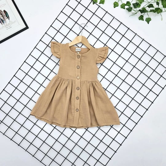 2472 Muslin Kumaş Önü Düğmeli Kız Çocuk Elbise-TABA