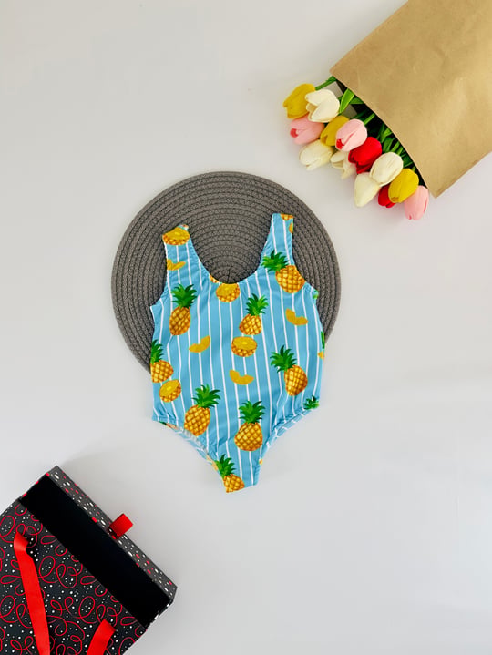 2900-2 Ananas Baskılı Kalın Askılı Kız Çocuk Mayo-AÇIK MAVİ