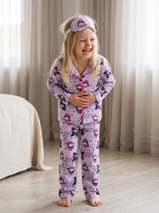 6666-19 Melody Baskılı Bandanalı Kız Çocuk Yakalı Pijama takım-LİLA