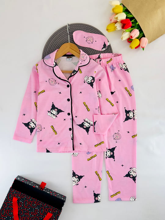 6666-24 Krm Baskılı Düğmeli Bandanalı Kız Çocuk Pijama Takım-TOZ PEMBE