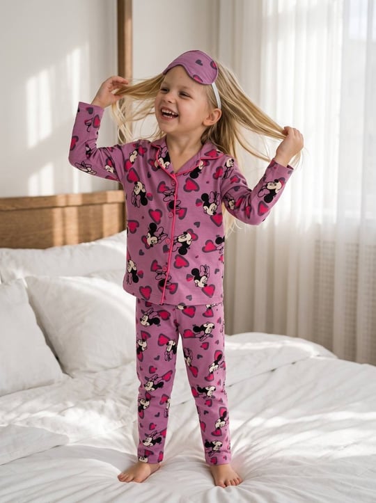 6666-25 Minnie Baskılı Kız Çocuk Yakalı Pijama Takım-GÜL KURUSU