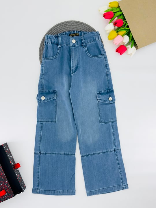9400-39 Komonda Cepli Bol Paça Kız Çocuk Pantolon 3378-MAVİ