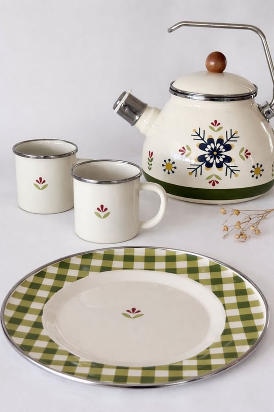 Cozy Emaye Tabak Yeşil Ekose 21 cm