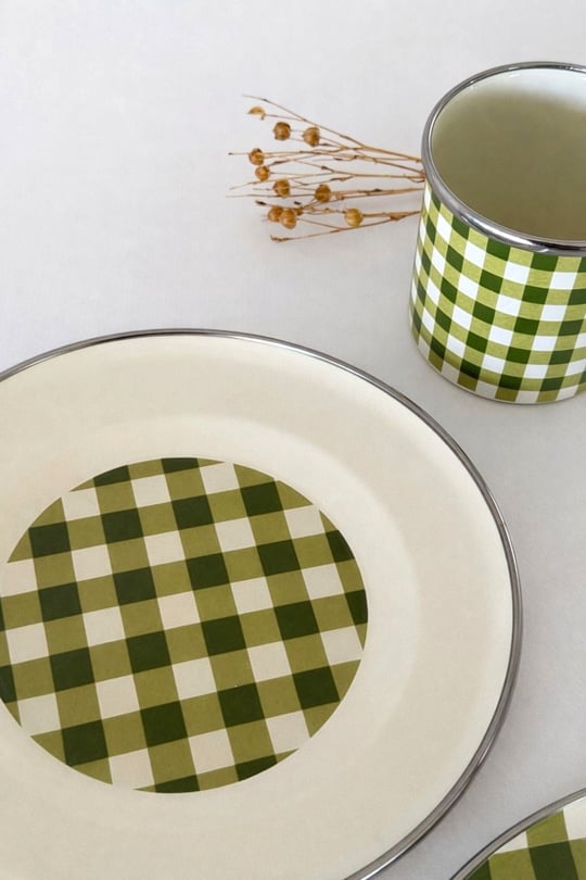 Cozy Emaye Tabak Yeşil Ekose 21 cm
