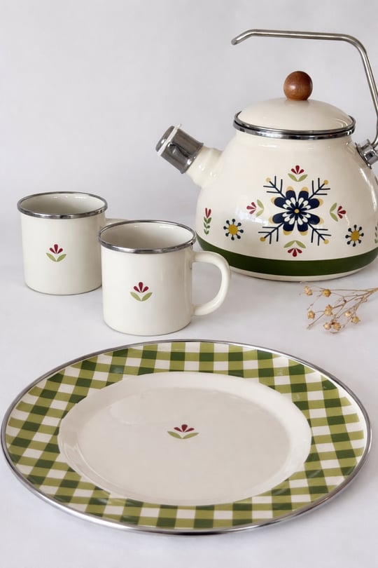 Cozy Emaye Tabak Yeşil Ekose 25 cm
