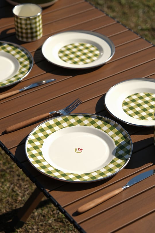 Cozy Emaye Tabak Yeşil Ekose 25 cm