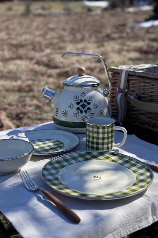 Cozy Emaye Tabak Yeşil Ekose 25 cm