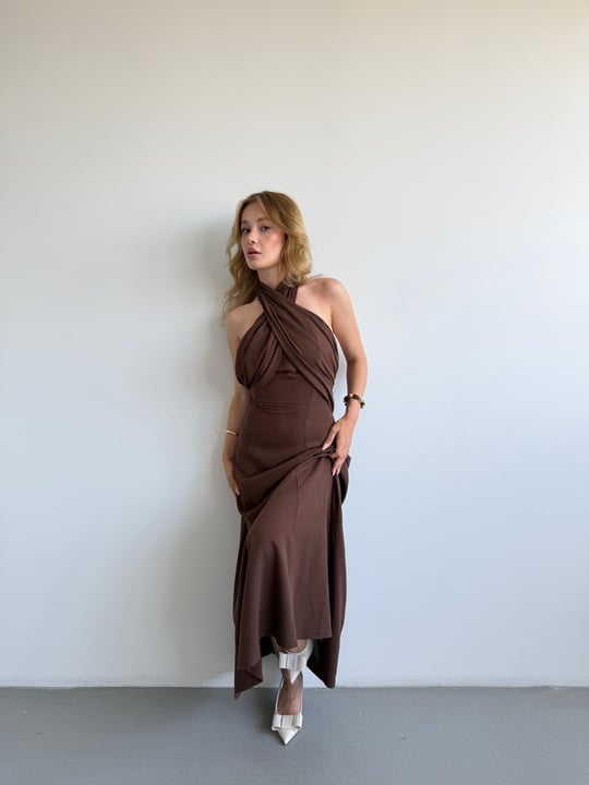 Çapraz Yaka Keten Maxi Elbise
