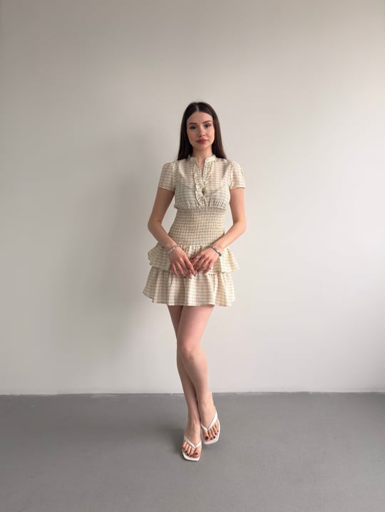 Ekose Bel Büzgü Elbise