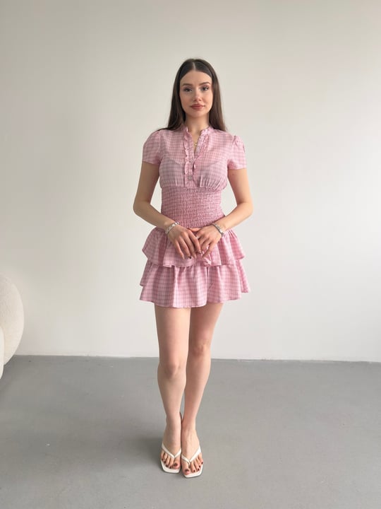 Ekose Bel Büzgü Elbise