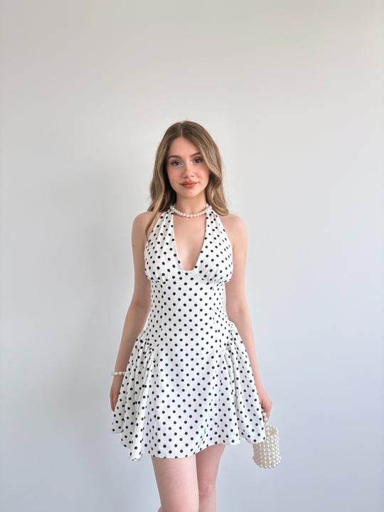 Halter Bağlamalı Puantiyeli Elbise