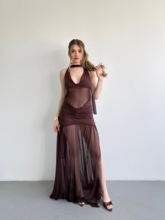 Halter Şallı Transparan Elbise