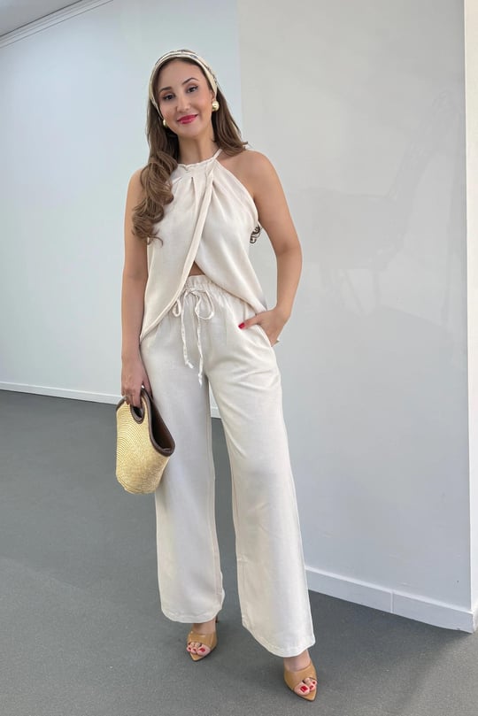 Lenora Taş Keten Kruvaze Halter Yaka Bluz Ve Pantolon Takım