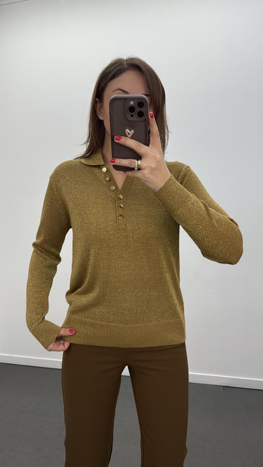 Alba Gold Renk Simli Polo Yaka Bluz