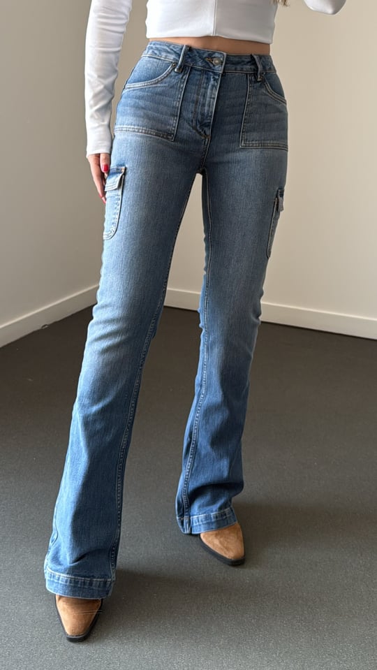 Beatrice Mavi Kargo Cepli Flare Jeans