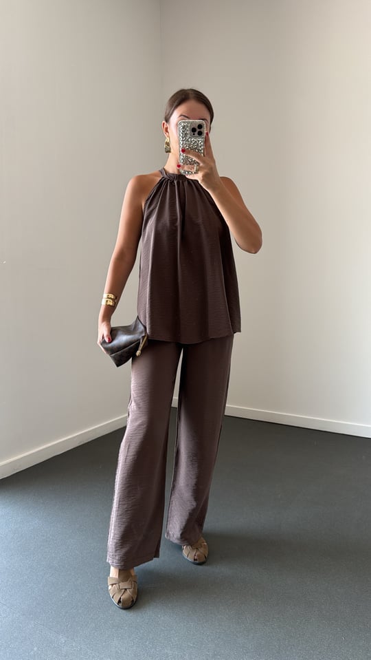Britney Kahve Tensel Halter Yaka Bluz Ve Pantolon Takım