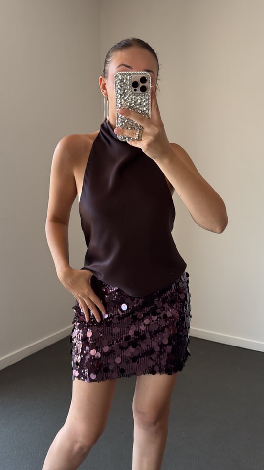 Denise Acı Kahve Halter Yaka Saten Top