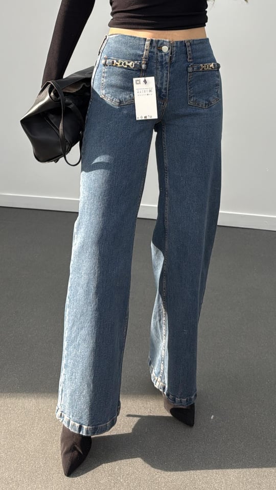 Dubai Orta Kot Likralı Zincir Cep Detaylı Flare Jeans