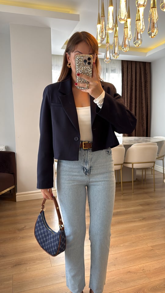 Elowen Lacivert Crop Blazer Ceket