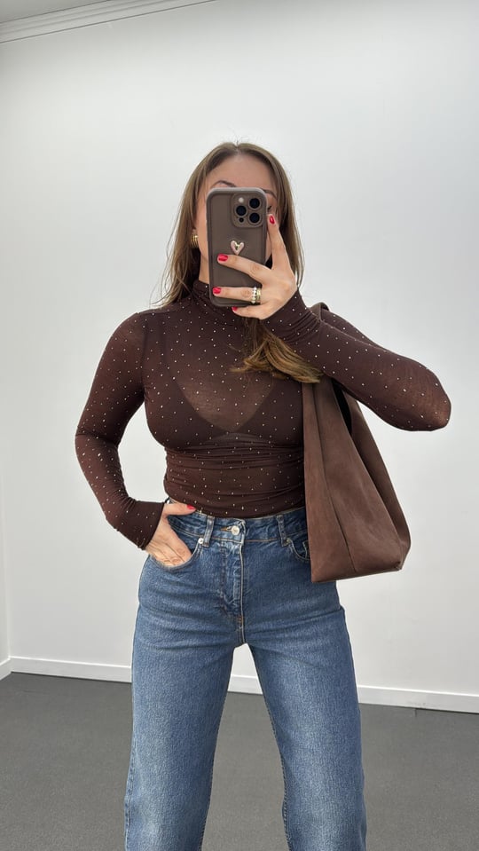 Elsa Kahve Taş Aksesuarlı Balıkçı Yaka Kaşmir Bluz