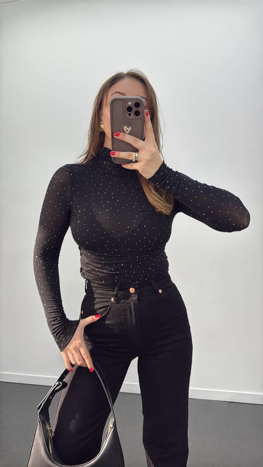Elsa Siyah Taş Aksesuarlı Balıkçı Yaka  Kaşmir Bluz