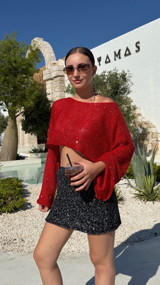 Ingrid Kırmızı Pul Payet İşlemeli Ajurlu Bluz