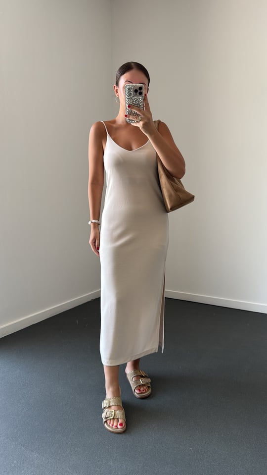 Joana Bej Askılı Modal Kumaş Midi Elbise