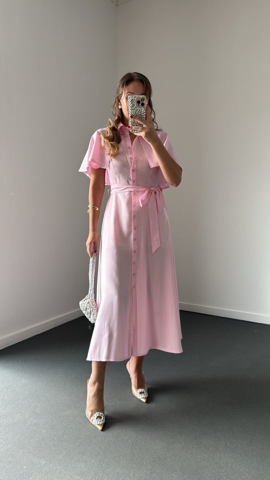 Pervine Pembe Pelerinli Düğmeli Maxi Elbise
