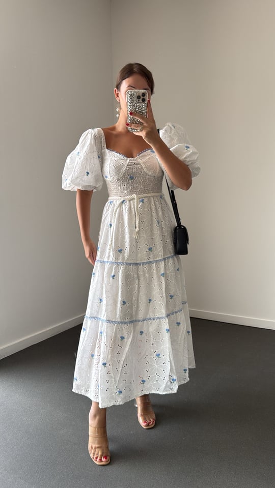 Raina Mavi Çiçek Nakışlı Fisto Romantik Elbise
